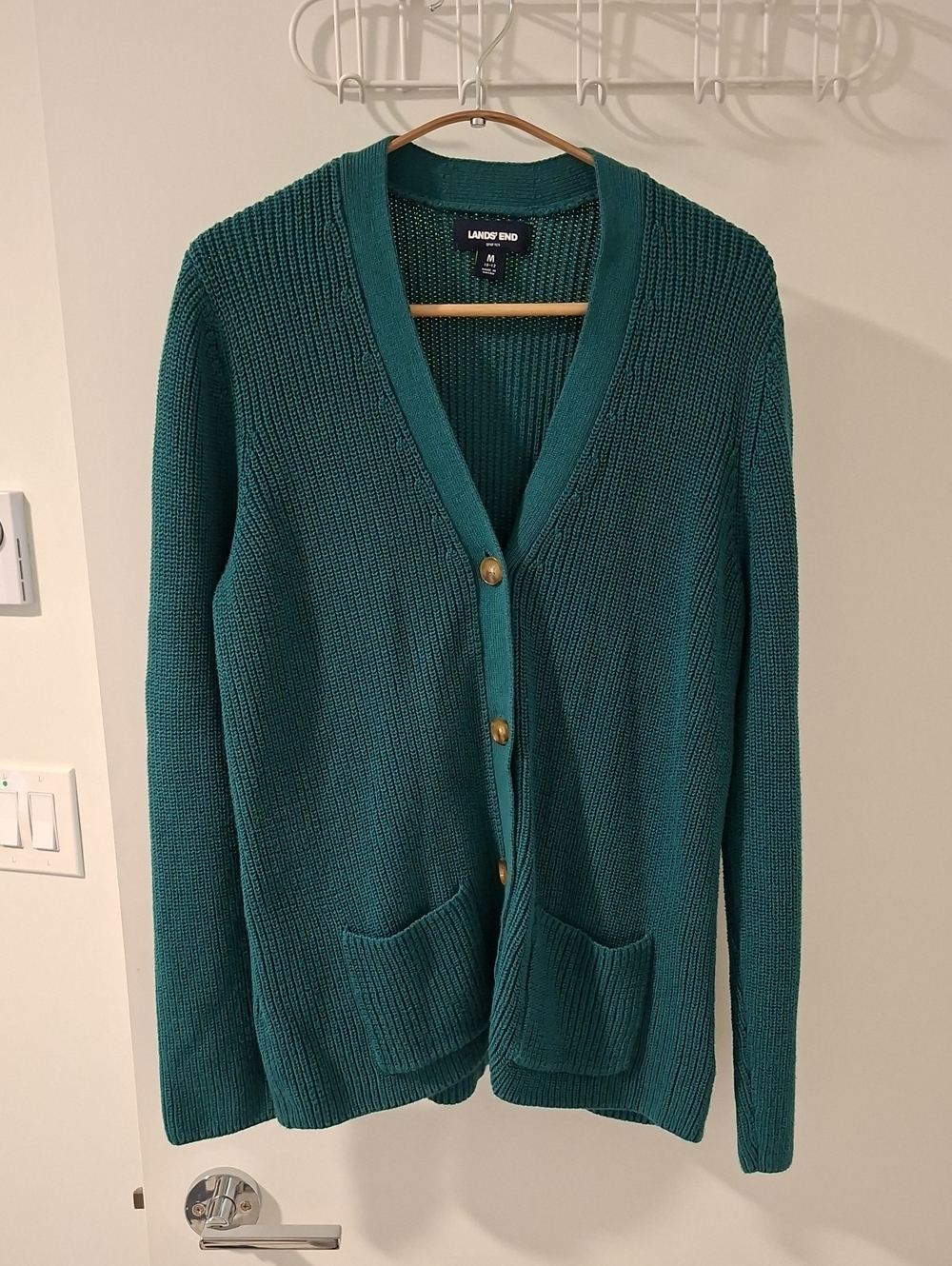 Lands' End Vibrant Green/Teal 100% Cotton V-neck Drifter Cardigan (Size M)